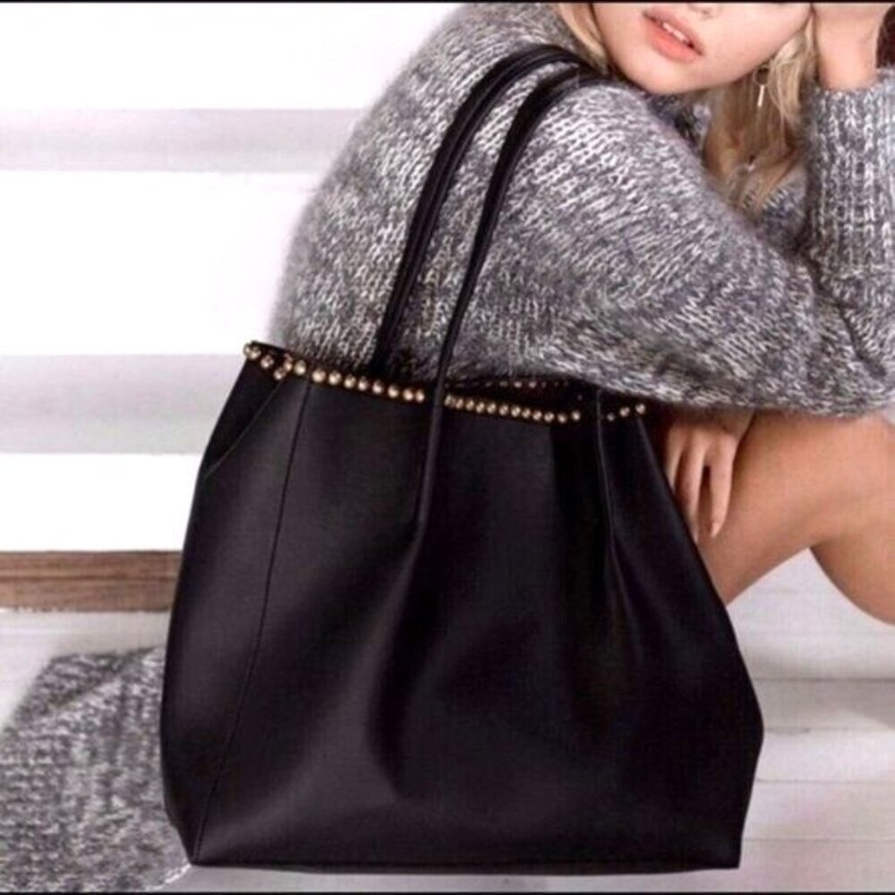 B-Low the Belt Vegan Leather Black Edgy Studded 19" Tote Purse Handbag Shopper